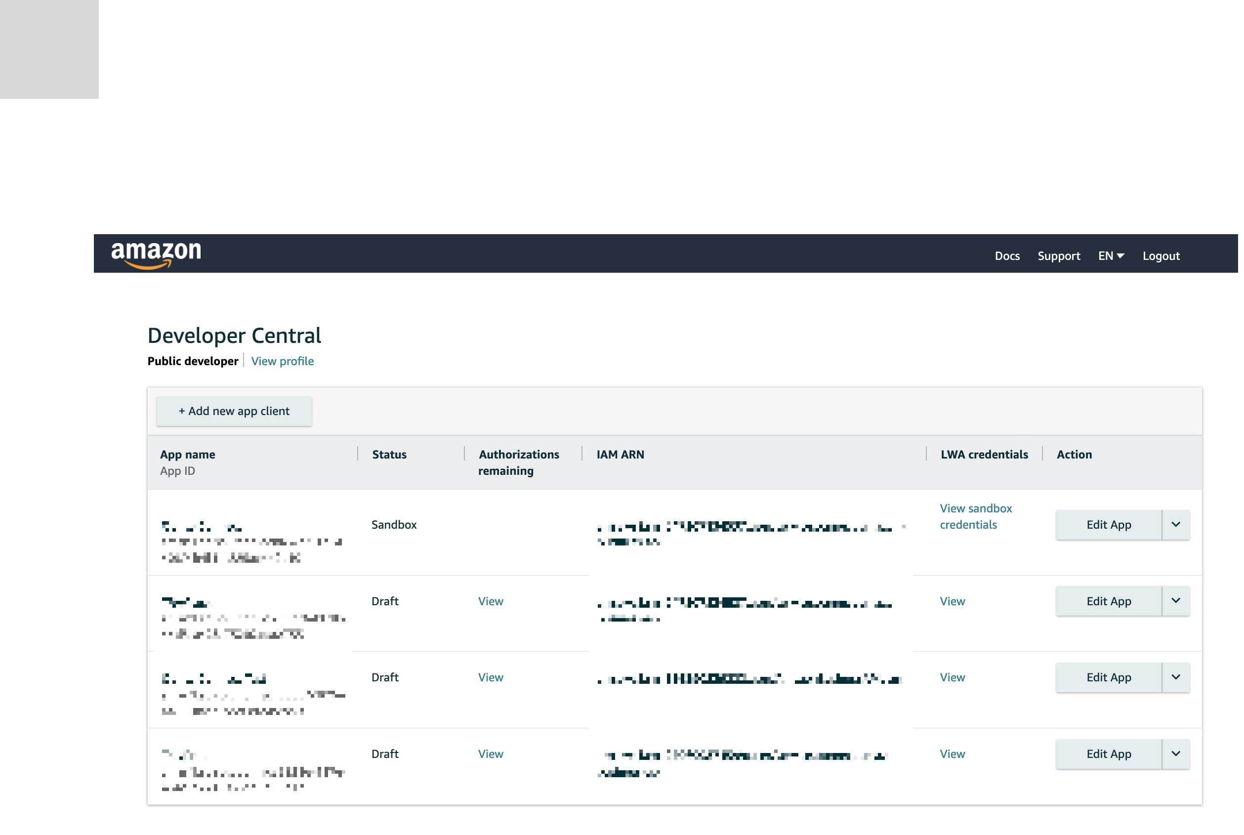 Amazon Business Developer Central dashboard