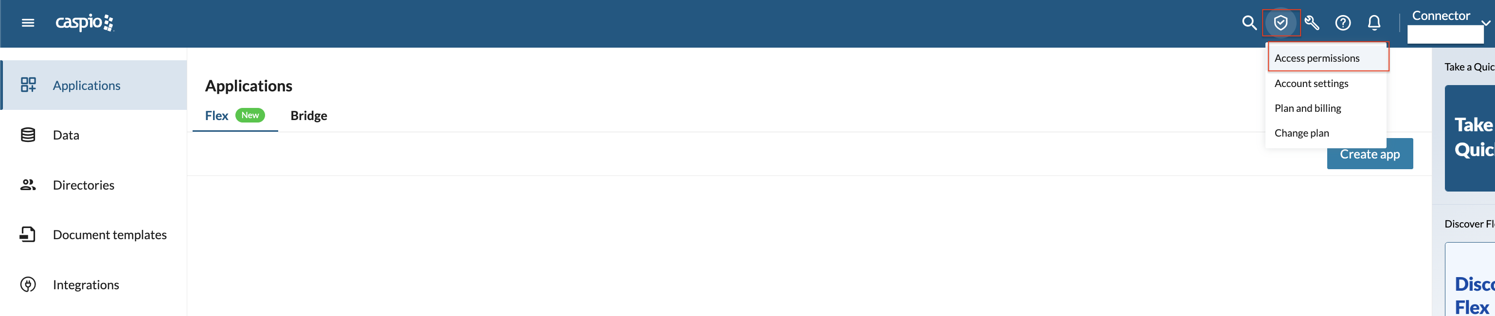 Caspio top navigation showing the shield icon and Access permissions dropdown