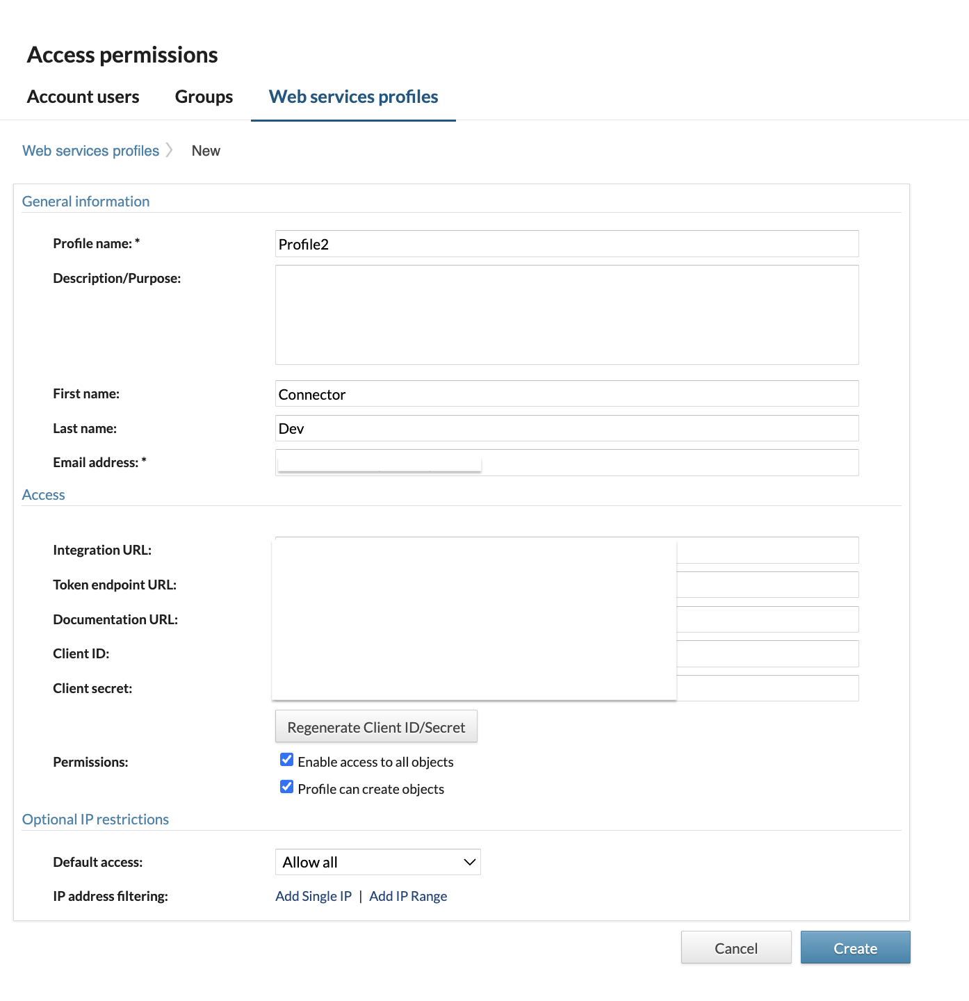 New web services profile form showing the Client ID, Client secret, and permissions fields