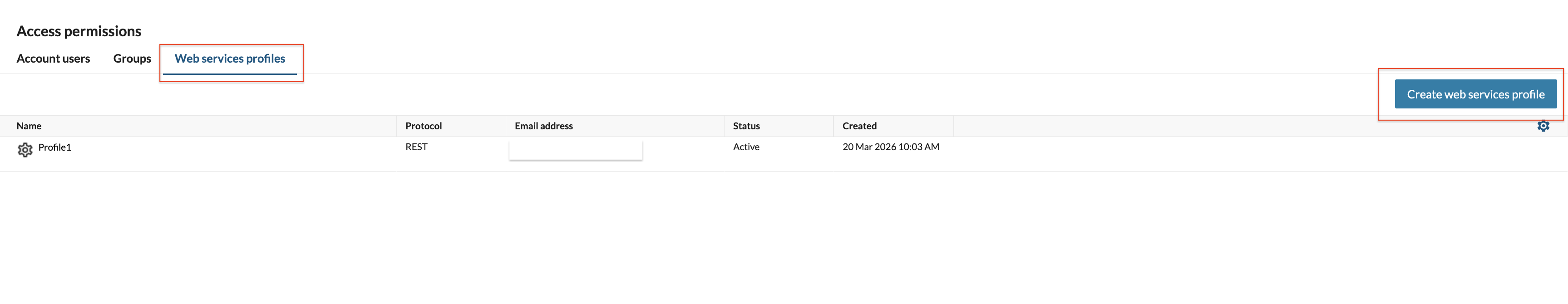 Access permissions page showing the Web services profiles tab and Create web services profile button