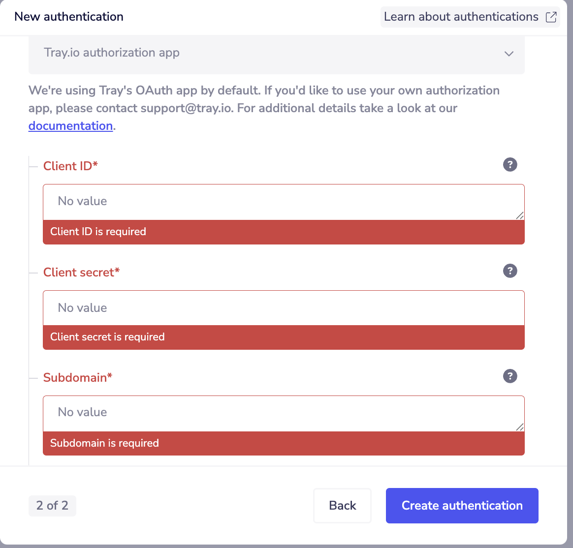 New authentication form showing the Client ID, Client secret, and Subdomain fields