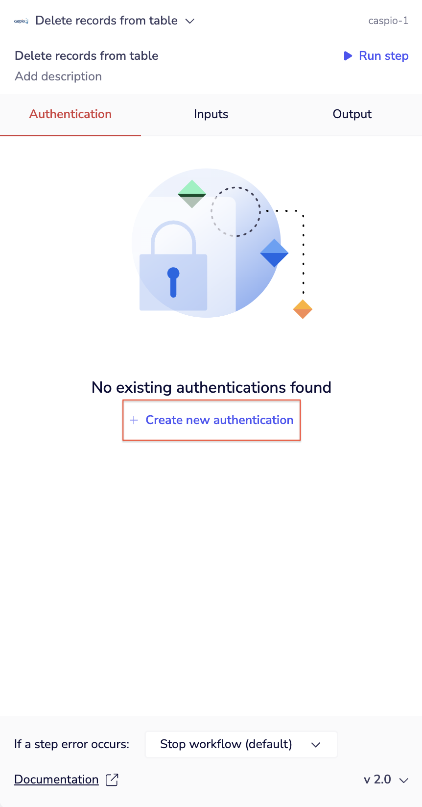 Caspio connector Authentication tab showing the Create new authentication button