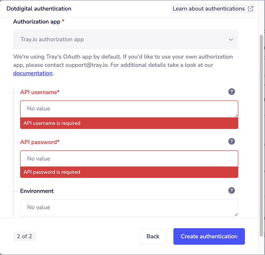 This page requires your 'API username', 'API password', and 'Environment'.
