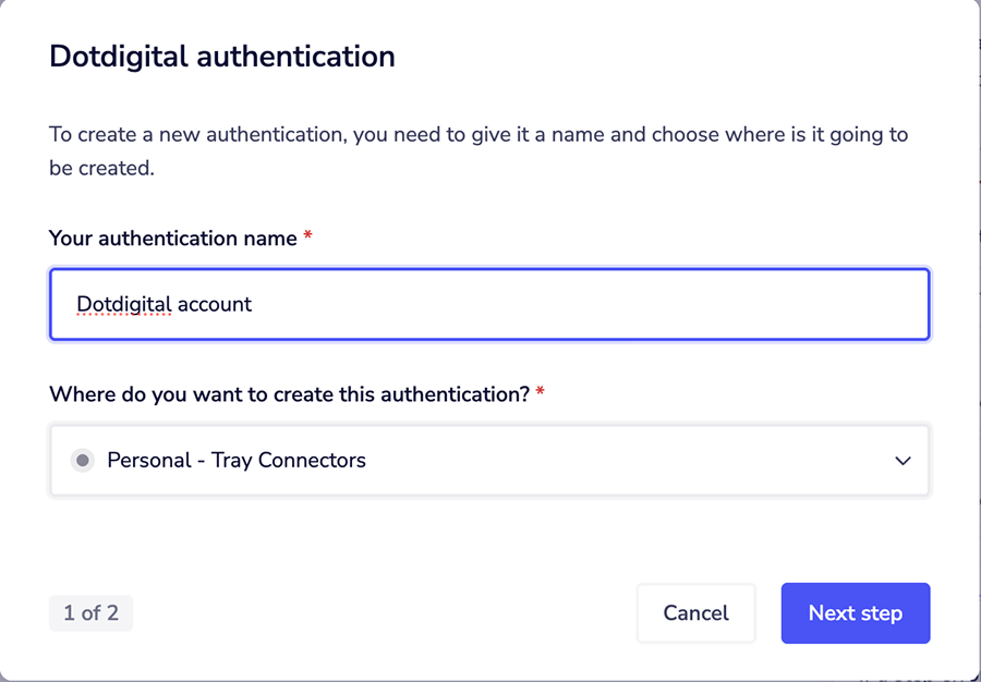 This page will ask you to name your authentication, and state which type of authentication you wish to create ('Personal' or 'Organisational').