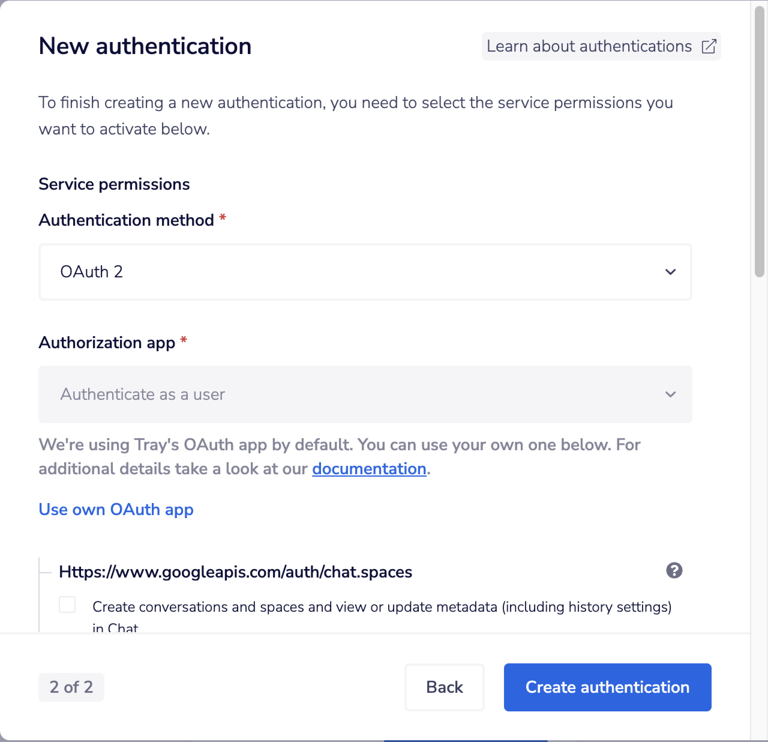 Selecting scopes for authentication.