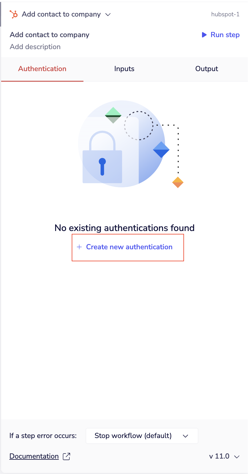 Authentication tab showing the Create new authentication button