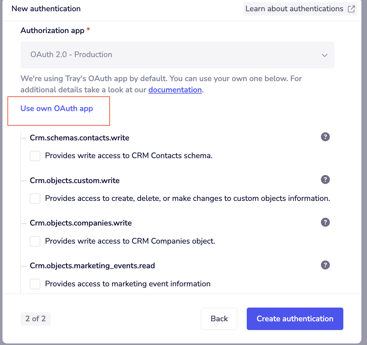 OAuth configuration screen showing the Use own OAuth app button to click