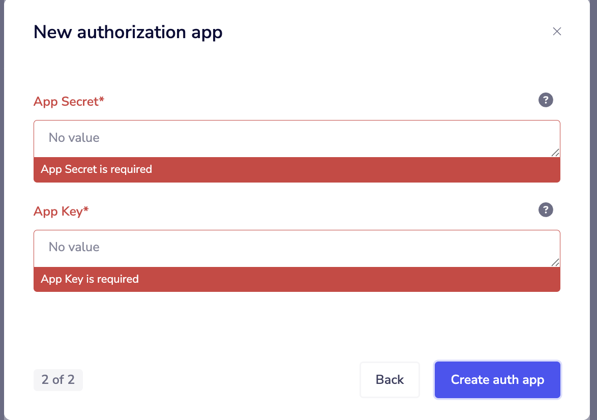 New authorization app modal — entering App Secret and App Key