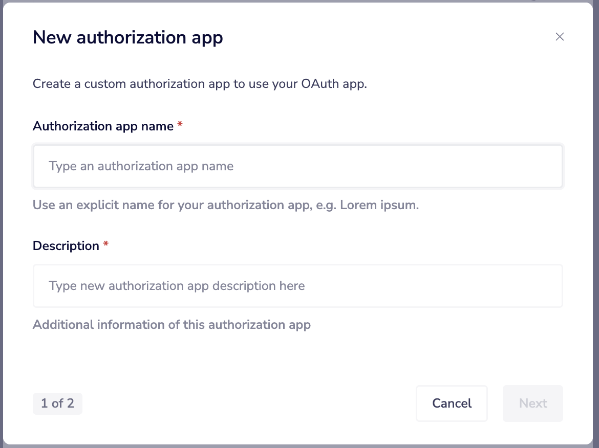 New authorization app modal — entering app name and description