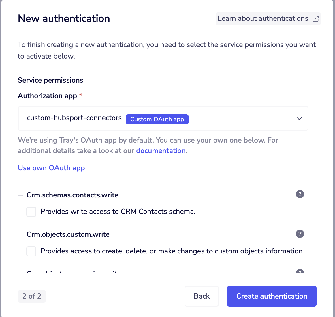 Authentication screen showing the custom OAuth app selected in the Authorization app dropdown