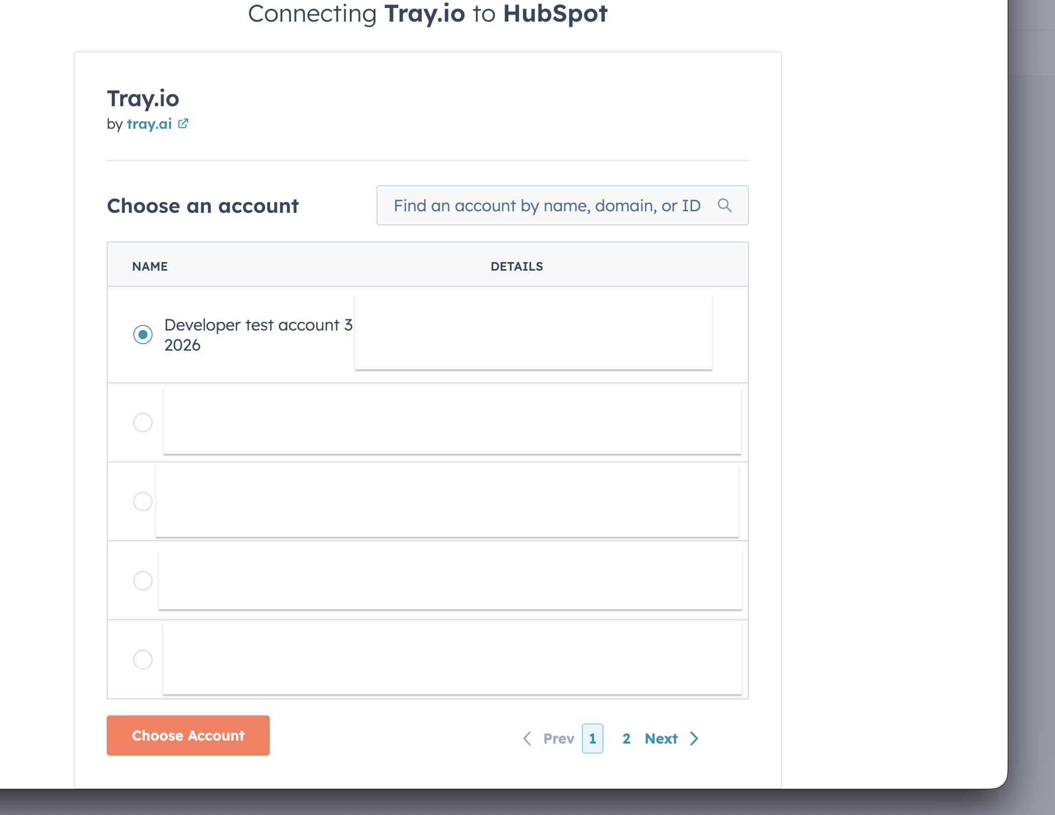 Selecting the HubSpot account to connect to Tray.io