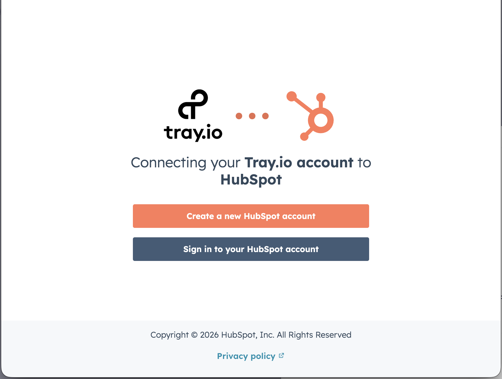 HubSpot OAuth authorization page — sign in or create a HubSpot account