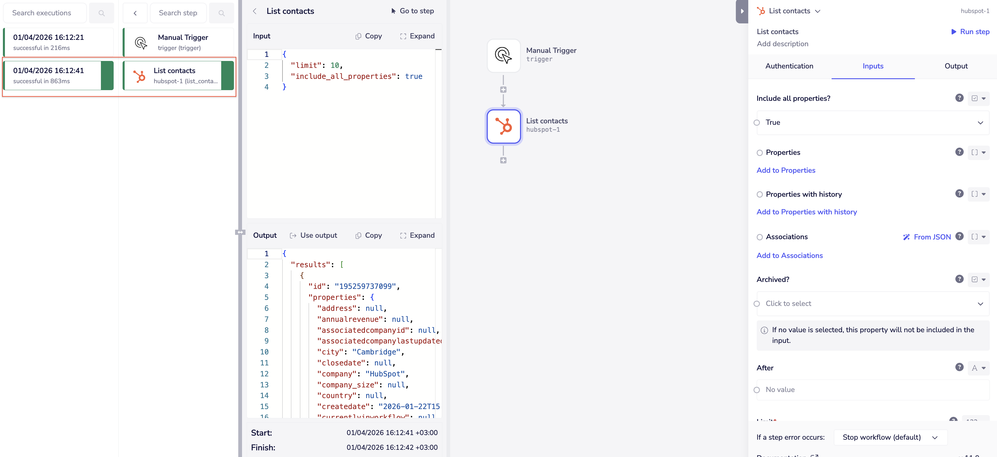 Testing the HubSpot connection with a List contacts operation