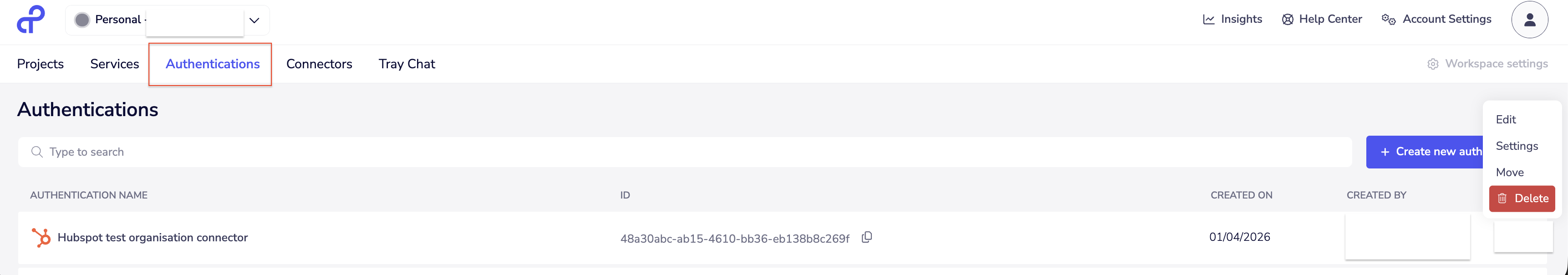 Authentications page showing the context menu with the Delete option