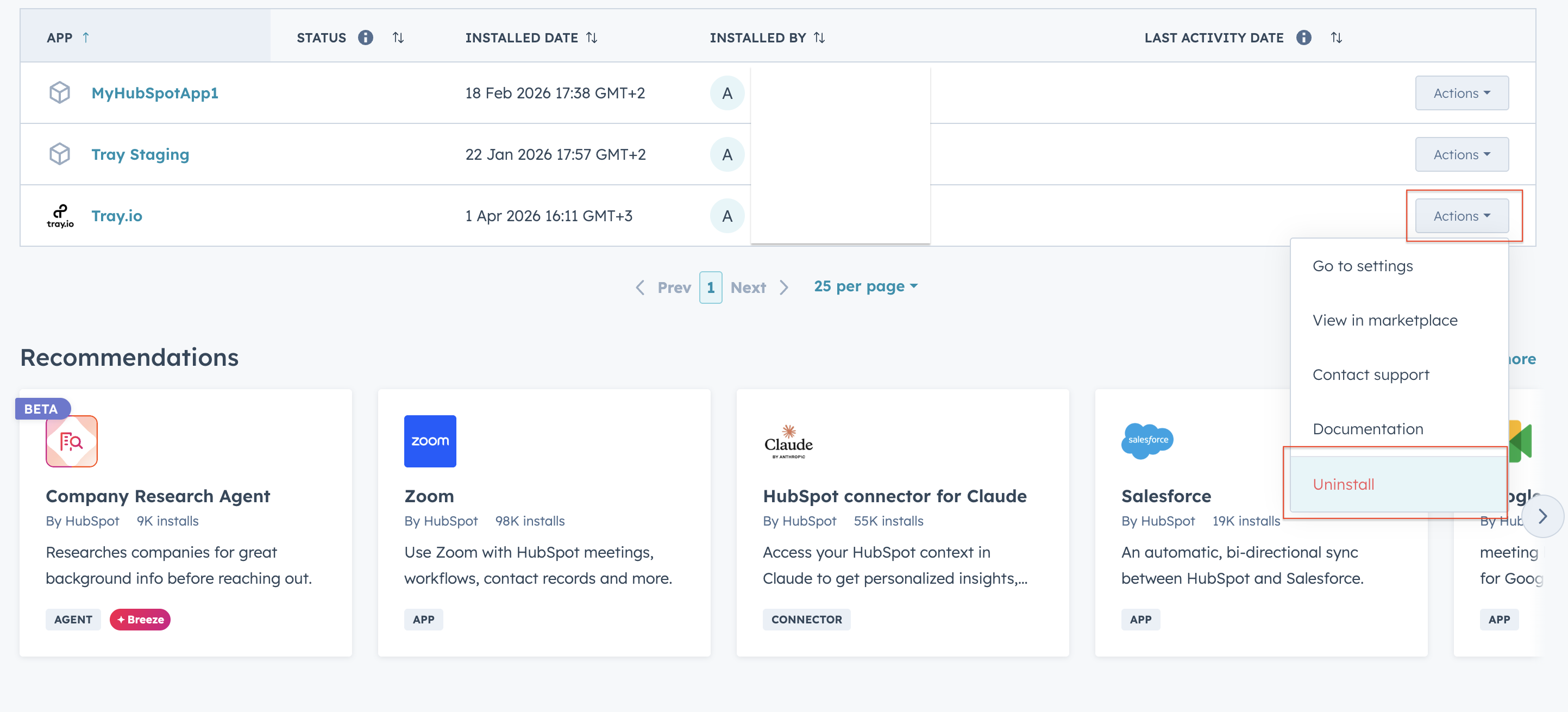 HubSpot Connected Apps list showing the Actions menu with the Uninstall option for Tray.io