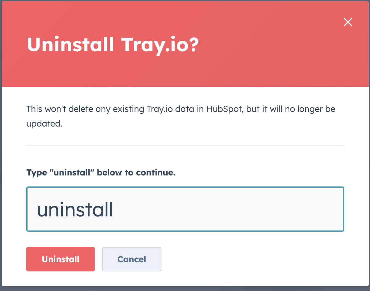 Uninstall Tray.io confirmation modal requiring you to type "uninstall"