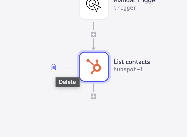 Hovering over a connector step reveals the delete (trash) icon