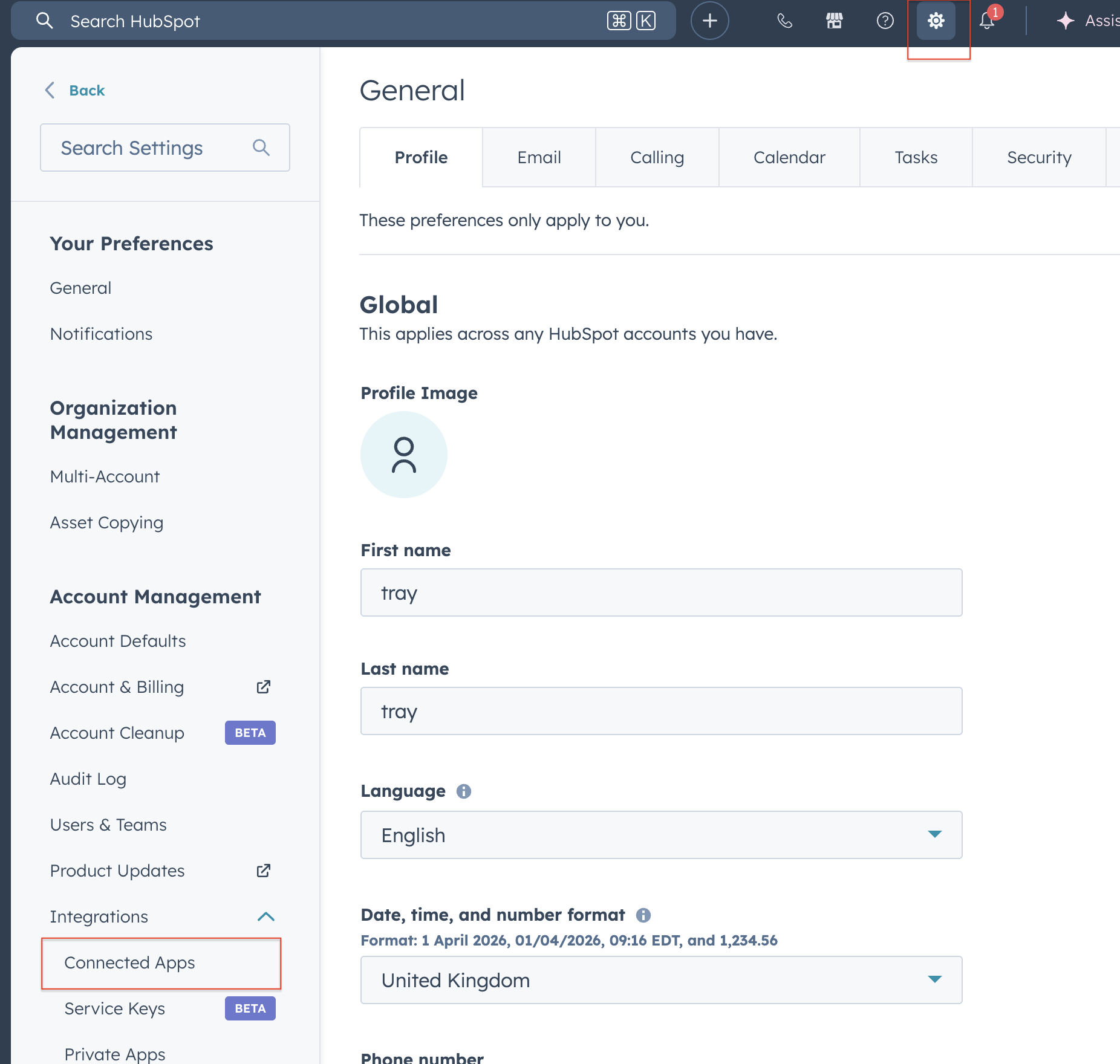 HubSpot Settings showing Connected Apps in the Integrations menu