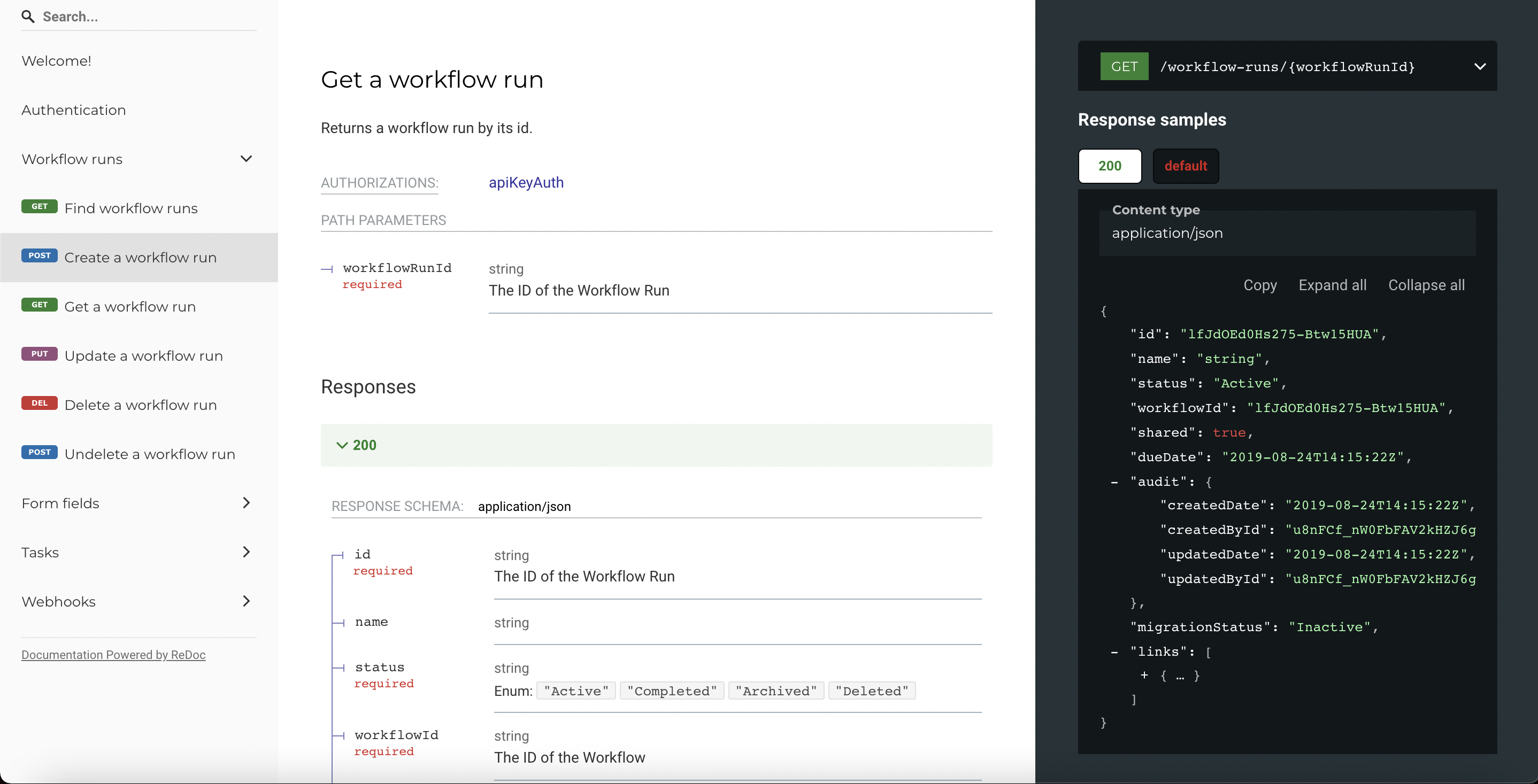 Api doc image for the get workflow run request.