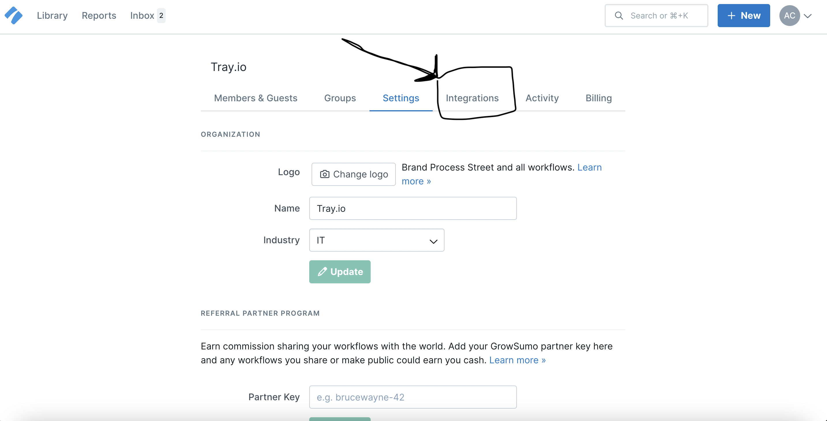 Process street settings page