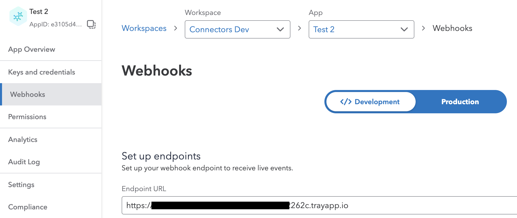Set the endpoint URL in the Intuit Developer portal