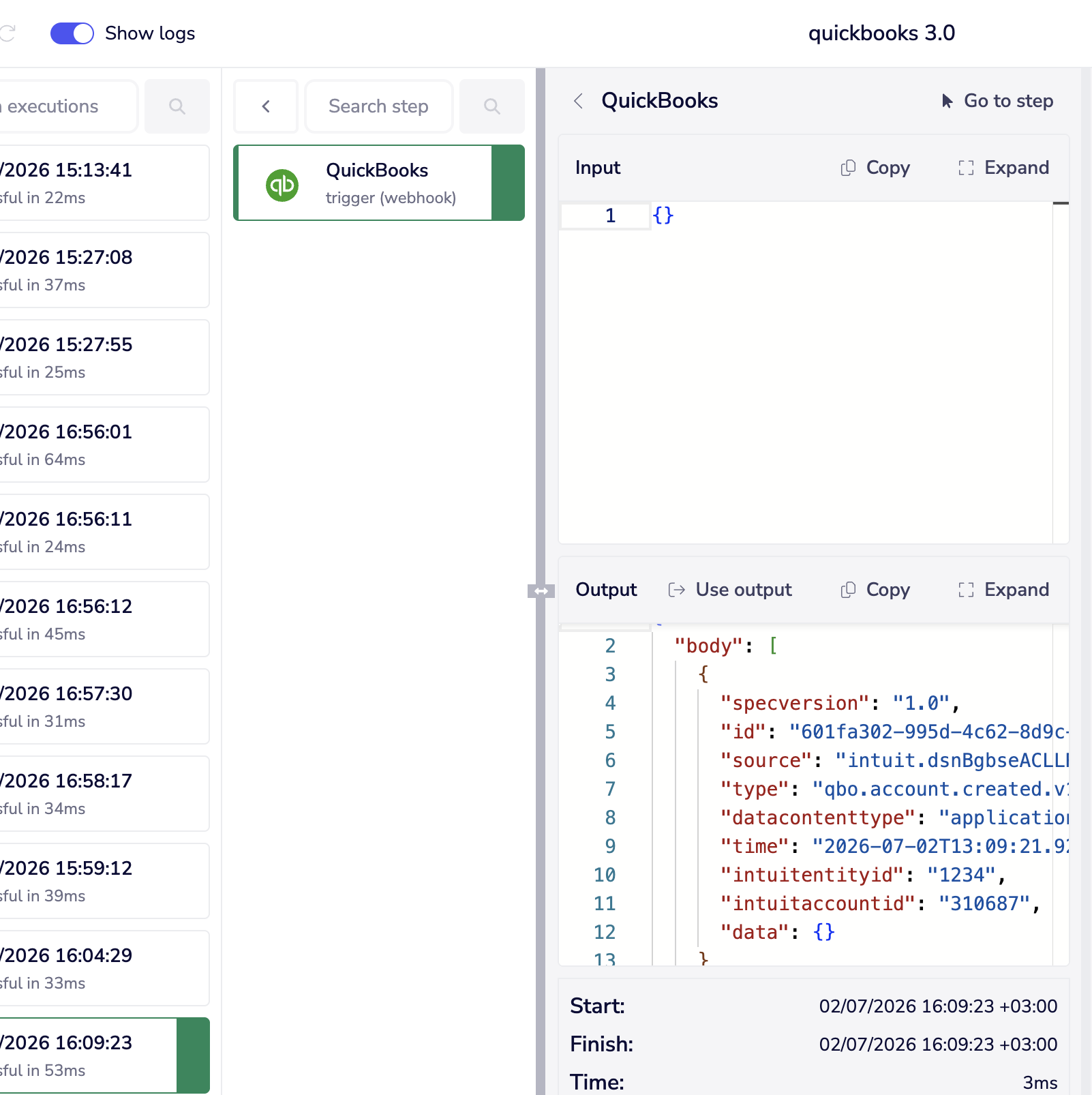 Trigger output payload in the workflow logs