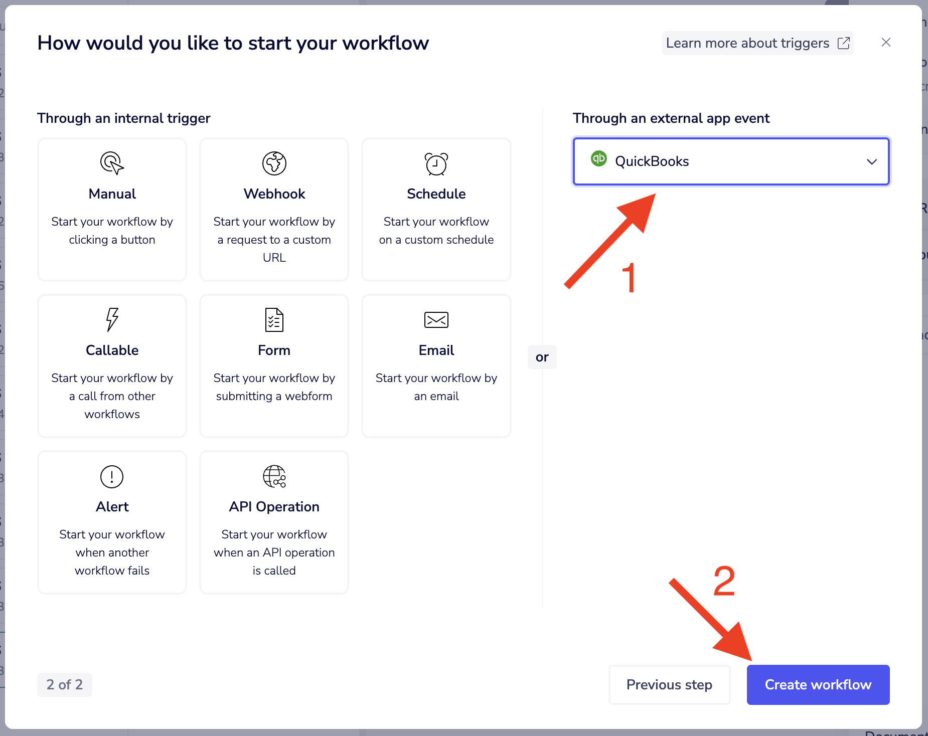 Select QuickBooks as the external app event