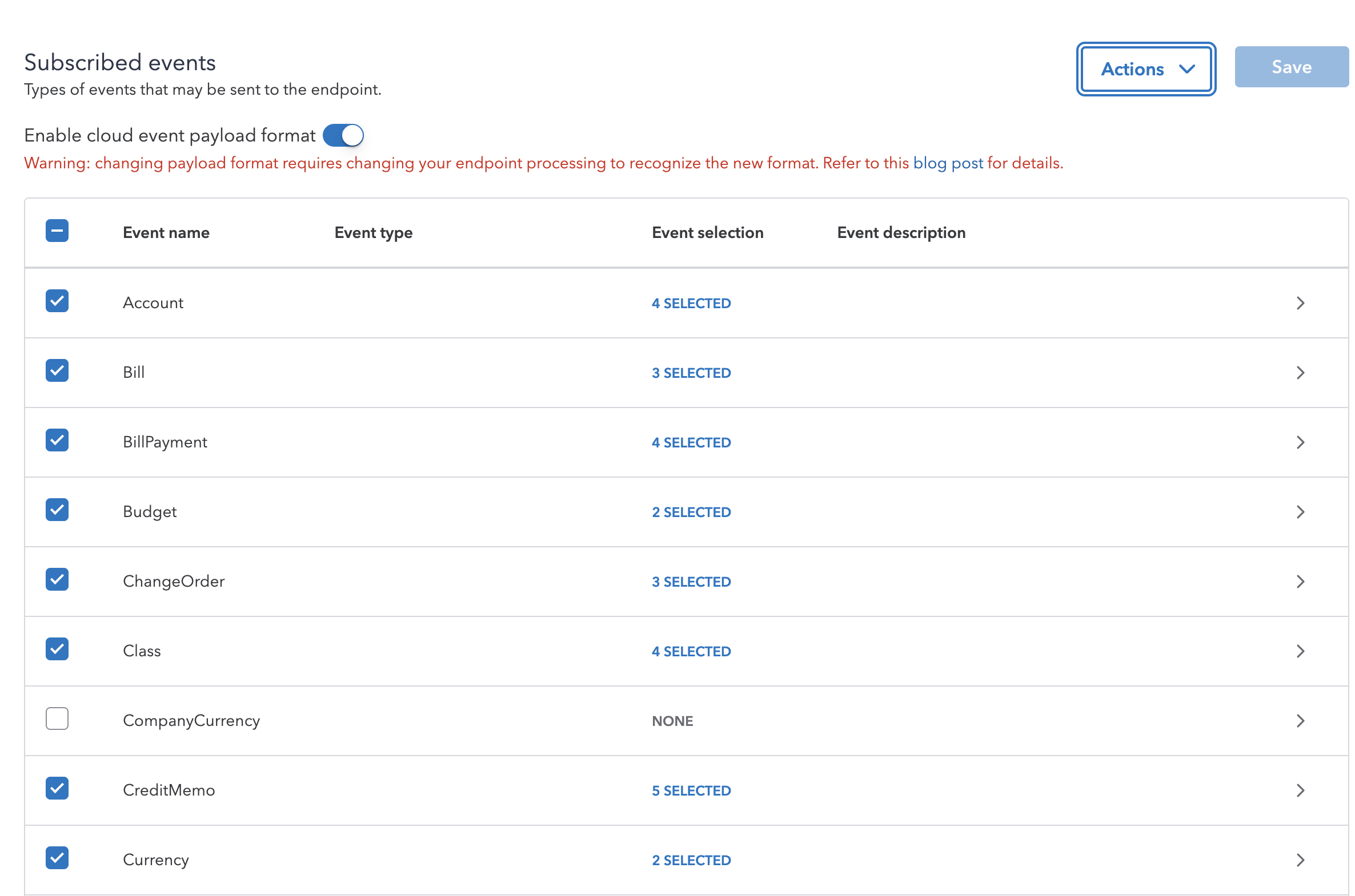 Subscribe to events and choose the payload format