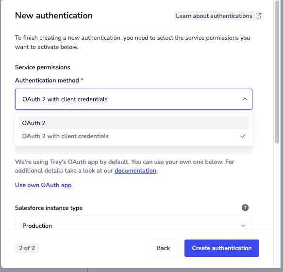 Authentication method dropdown showing OAuth 2 and OAuth 2 with client credentials