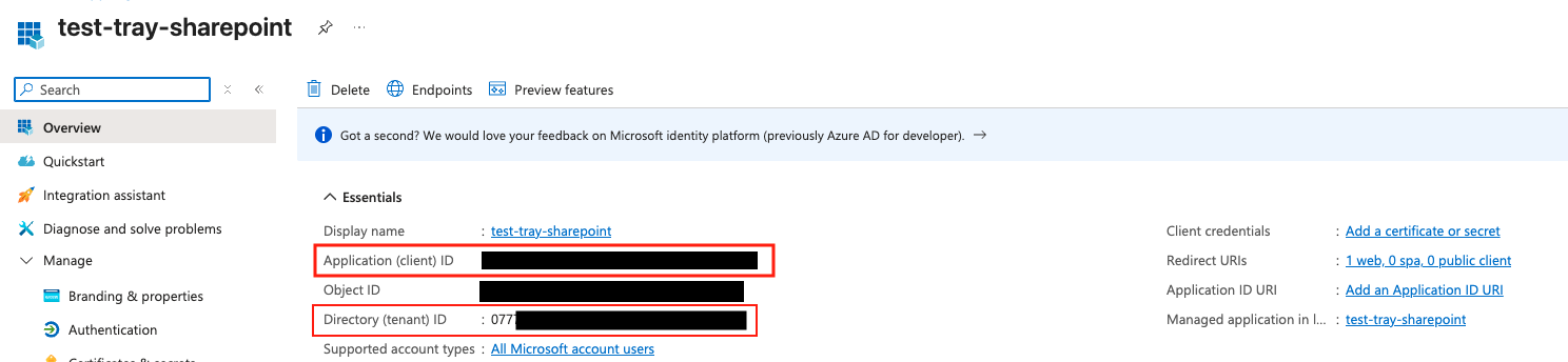 SharePoint v4 tenant ID and client ID in Azure overview