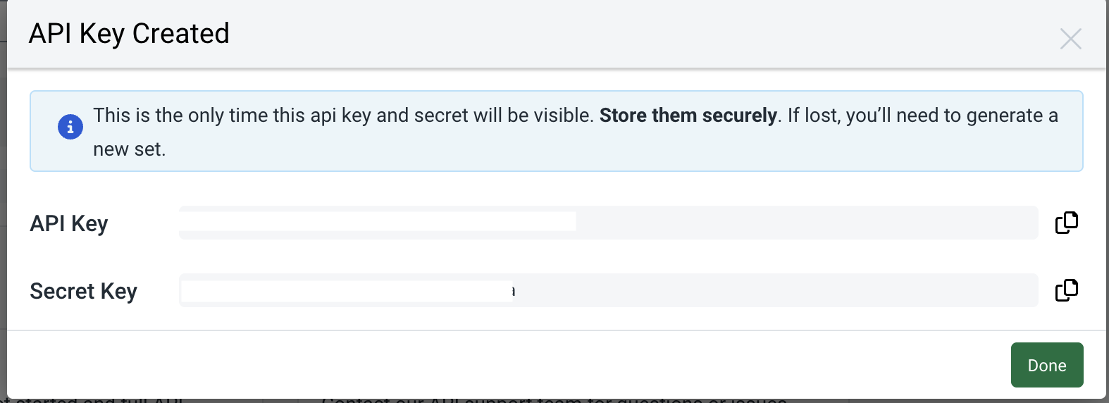 API Key and Secret displayed