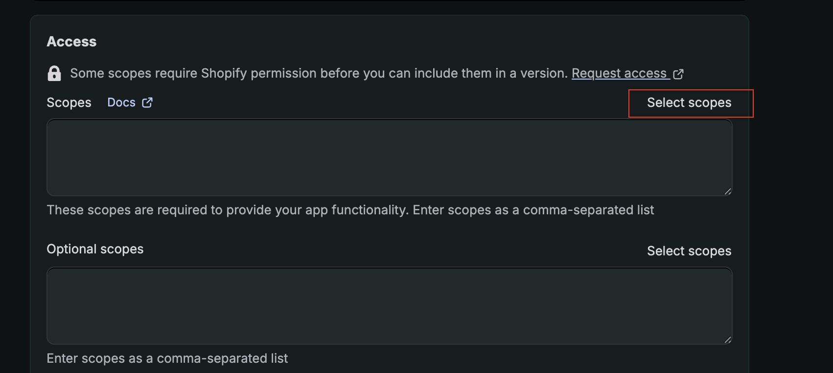 Access section with Select scopes button