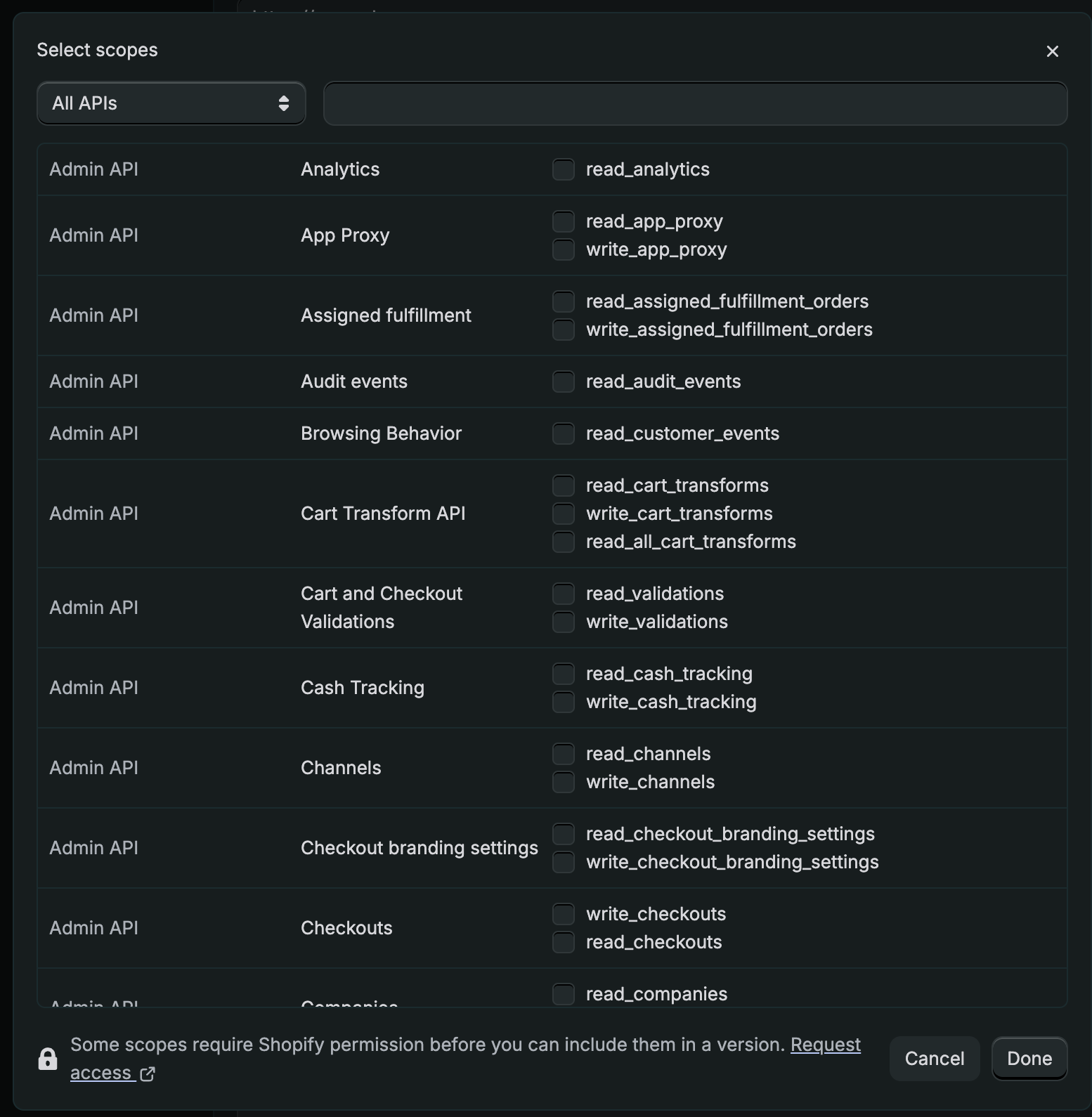 Scopes selection modal