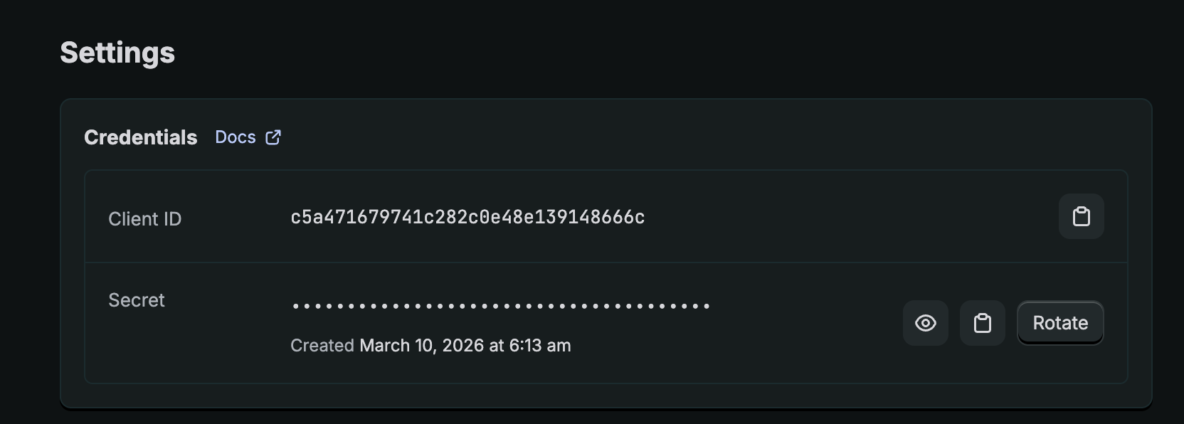Settings page with Client ID and Secret
