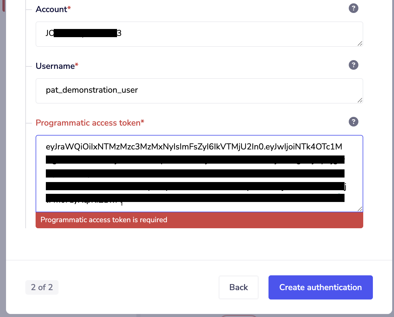 Enter the Snowflake account, username, and Programmatic access token in Tray