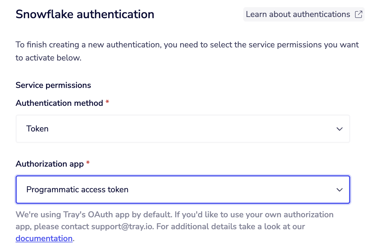 Select the Token authentication method and Programmatic access token authorization app in Tray