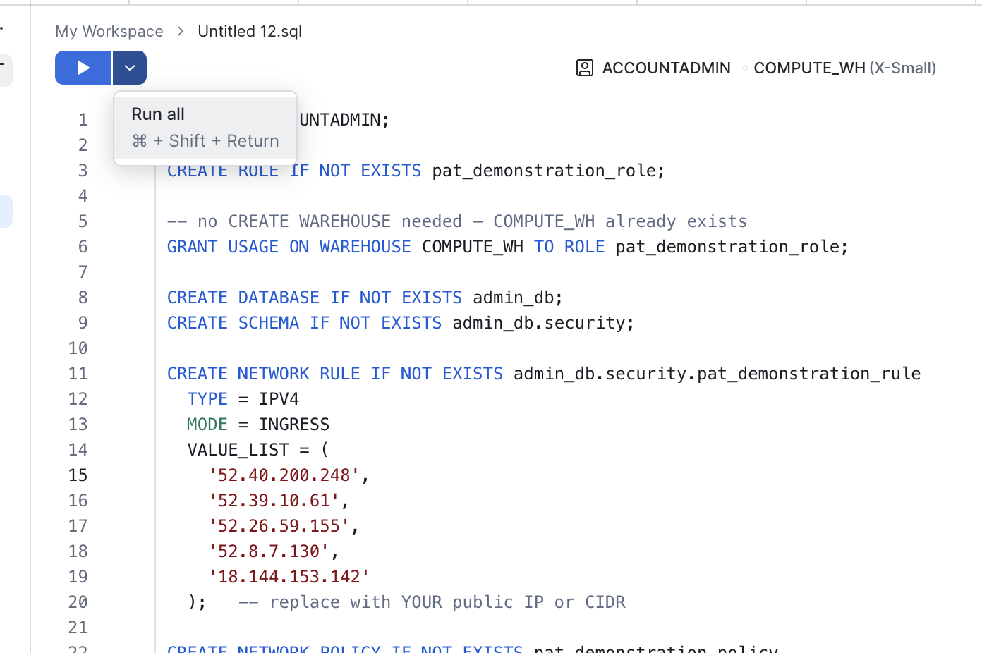 Run the PAT setup script in Snowsight