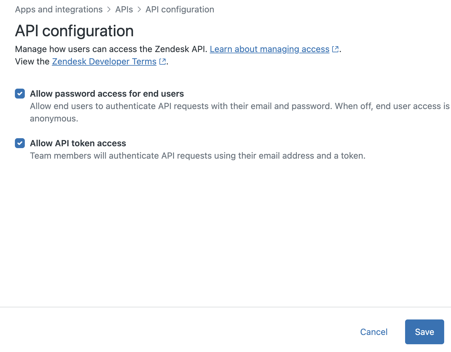 Zendesk API configuration with API token access enabled