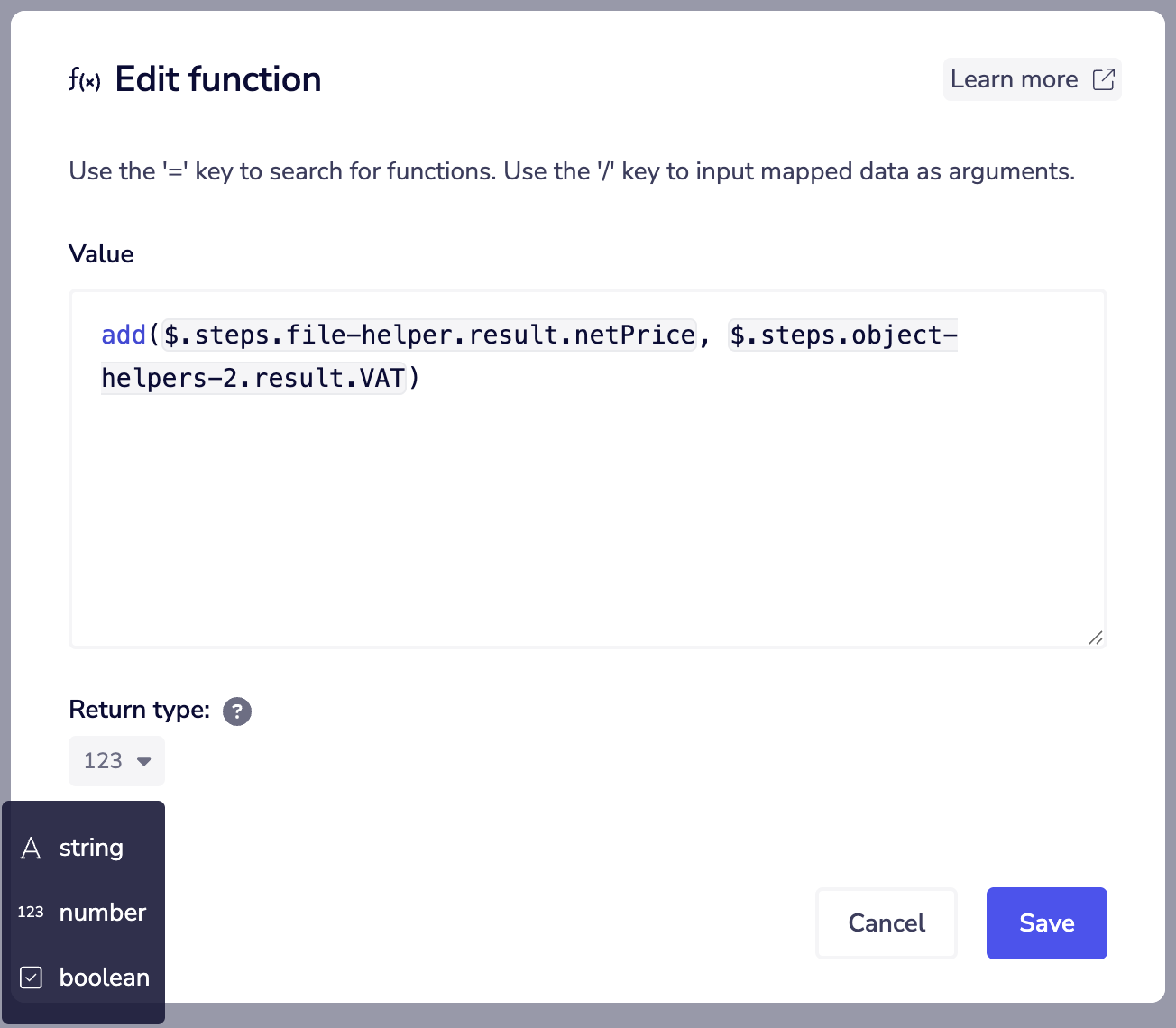 Inline function return type dropdown