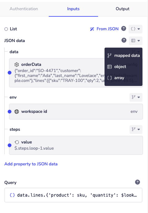 The JSON data field built as an object from three sources