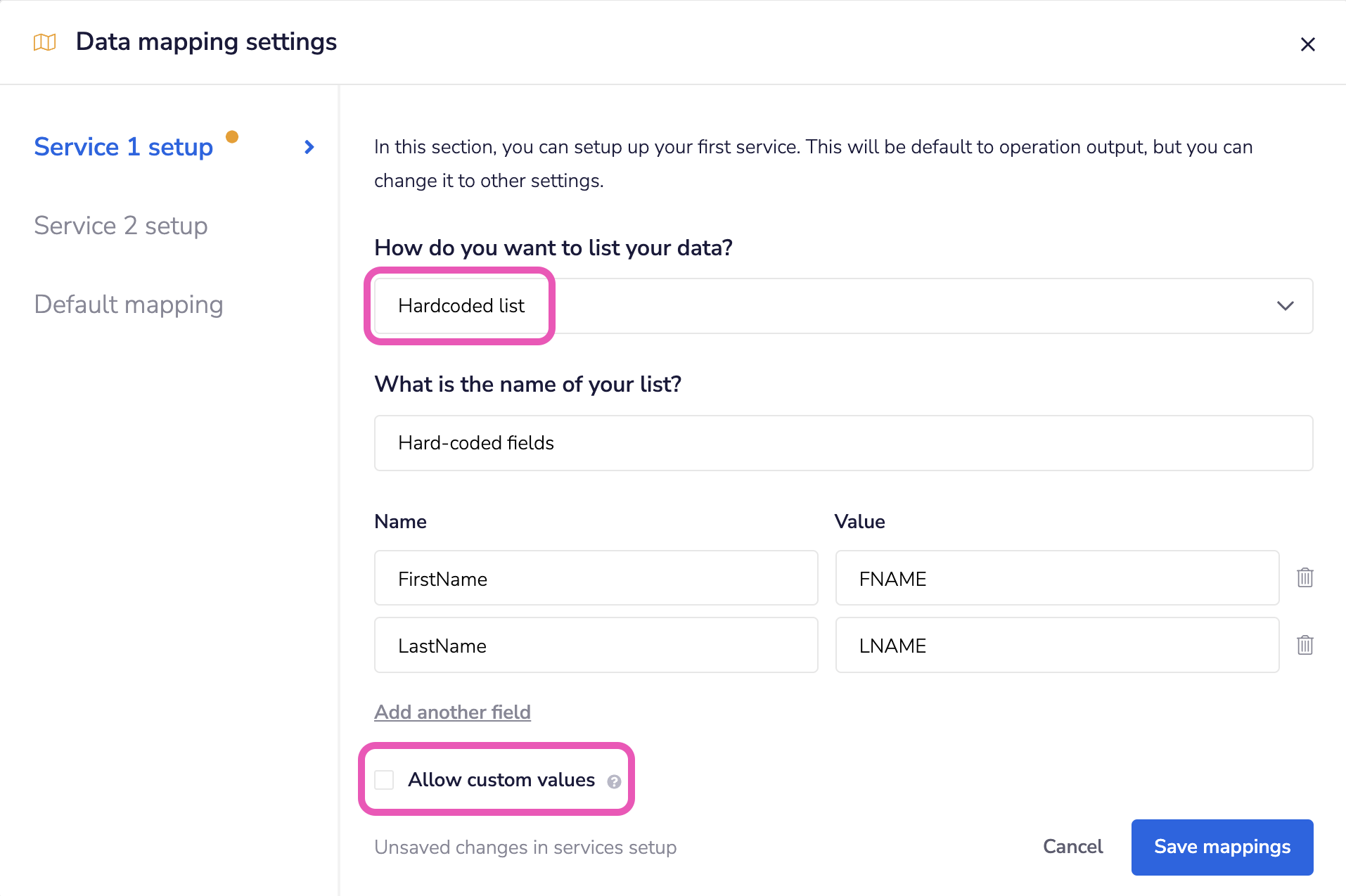 dataMappingPartner hardcodedList
