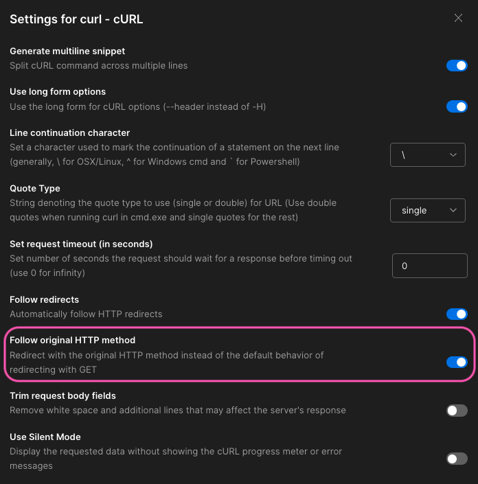 postman curl full settings
