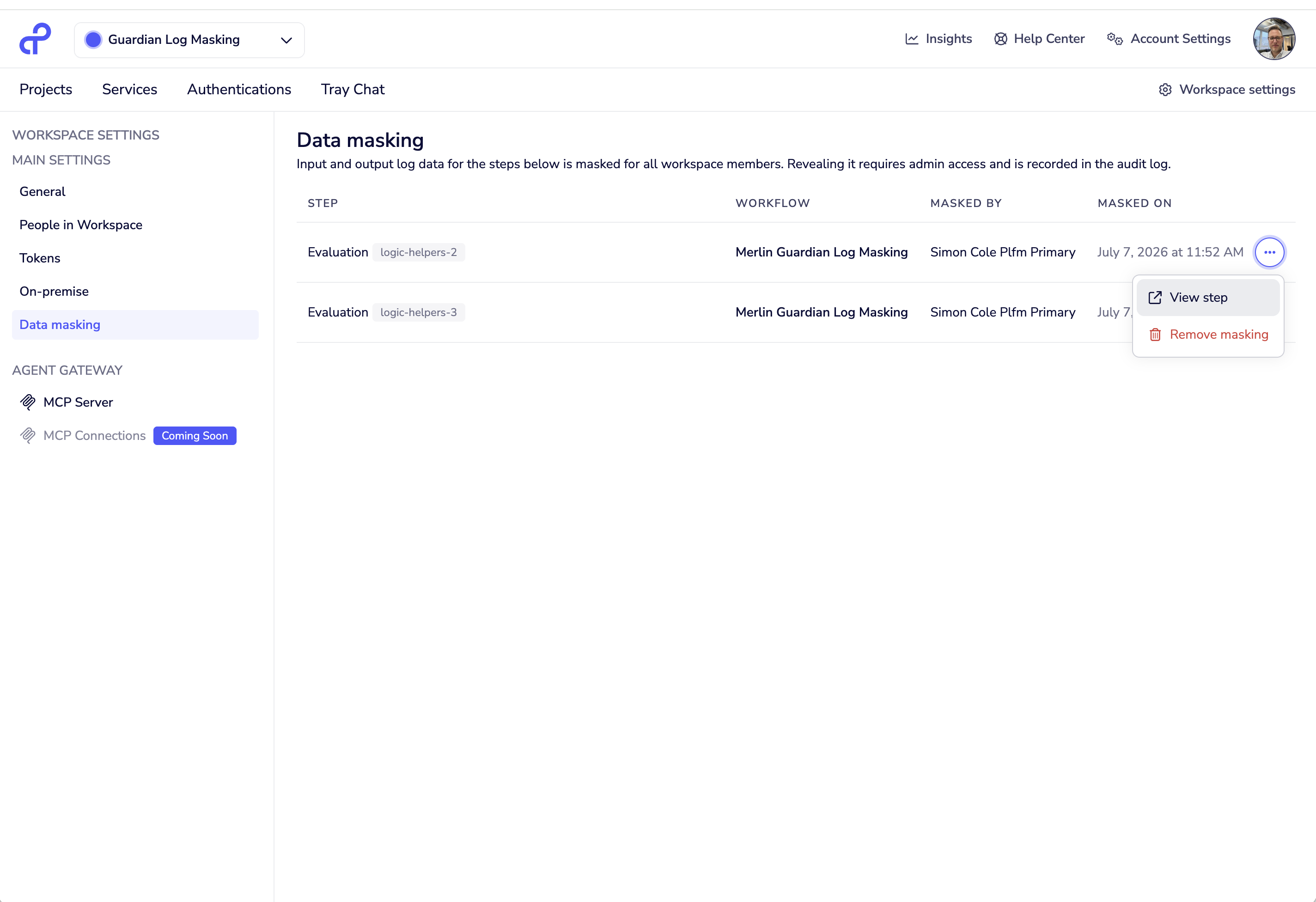 Data masking view in Workspace settings listing all masked steps