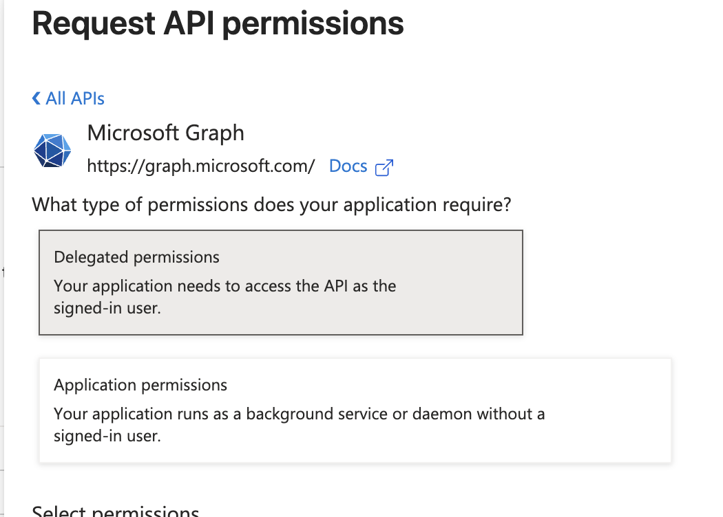 Microsoft Graph API permission selection