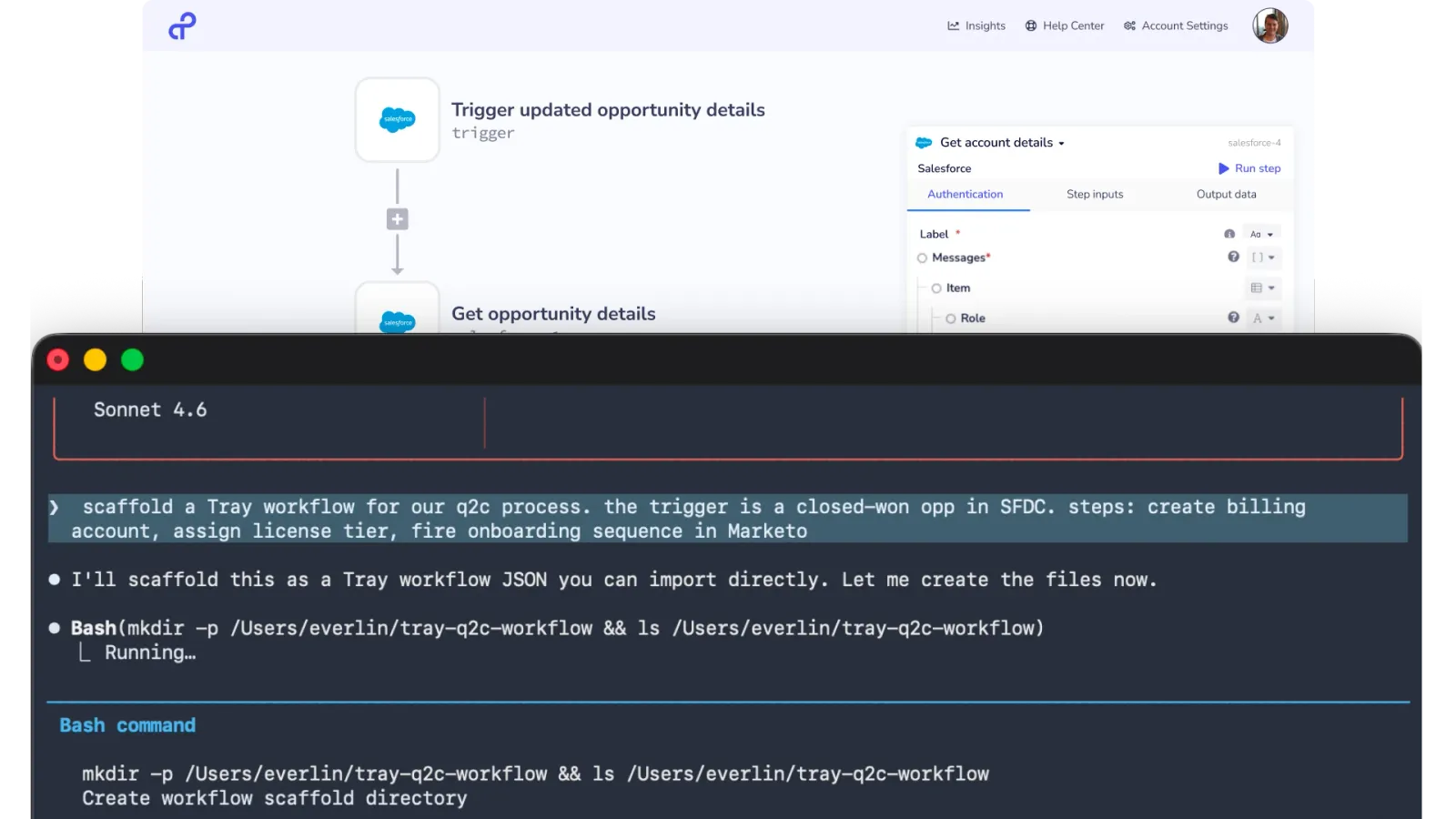 Claude Code scaffolding a Tray workflow from a natural language prompt, with Tray Build's visual canvas visible in the background